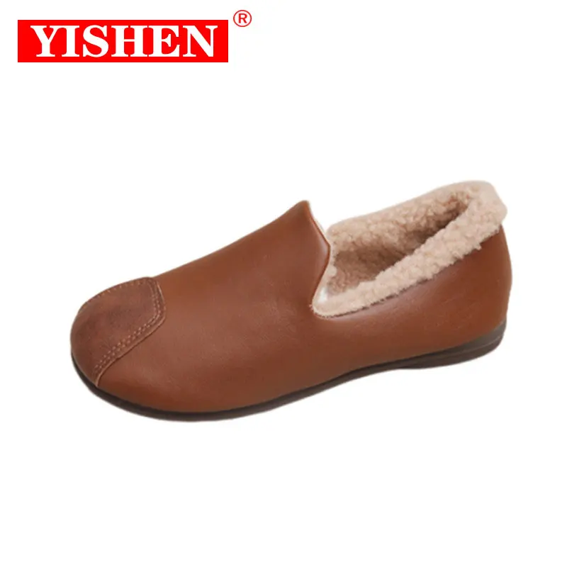 Yishen-女性用レザーフラットシューズ,快適なスリッポンモカシン,軽量,レトロファッション,冬