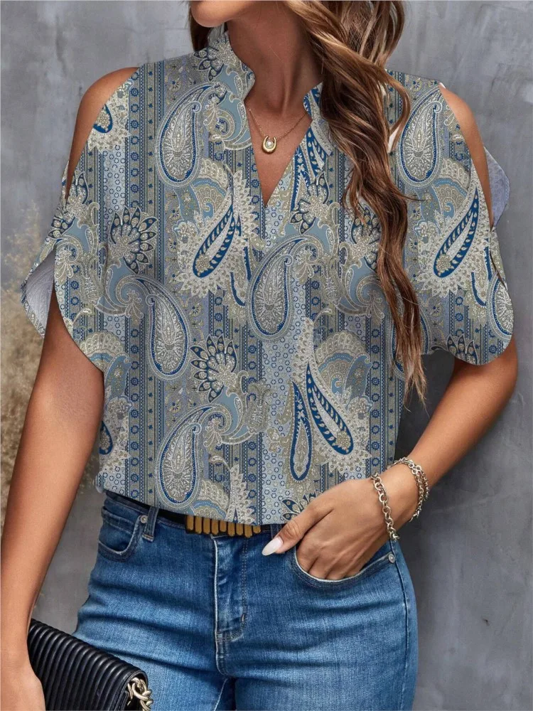 Sexy V Neck Short Sleeve Shirt Blouse Tops Office Lady Spring Summer Casual Loose Flower Print Tshirt For Women 2024 Female Tees