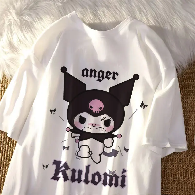 New Kuromi Cartoon Anger Woman T Shirt Sanrio Aesthetic Tee Clothing Letter Youth T-Shirts Personality Harajuku Short Sleeved