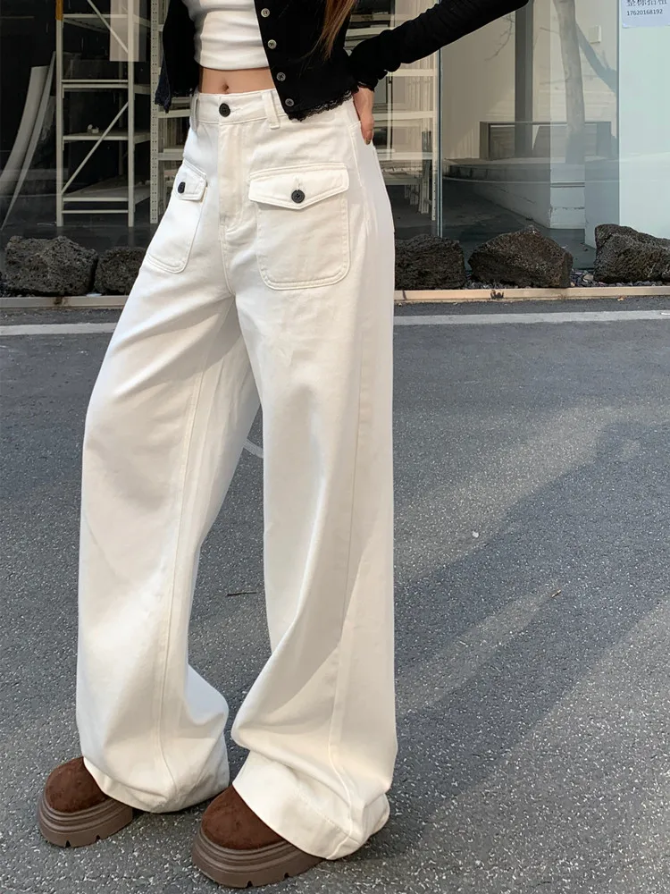 White Baggy Jeans For Women Streetwear 2024 Casual Loose Pocket Wide Leg Denim Floor Pants Y2K High Waisted Straight Trousers