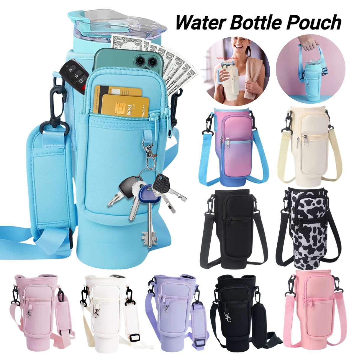 Portable Water Bottle Carrier Bag with Phone Pocket for Stanley 40oz Tumbler with Handle Neoprene Water Bottle Holder Pouch