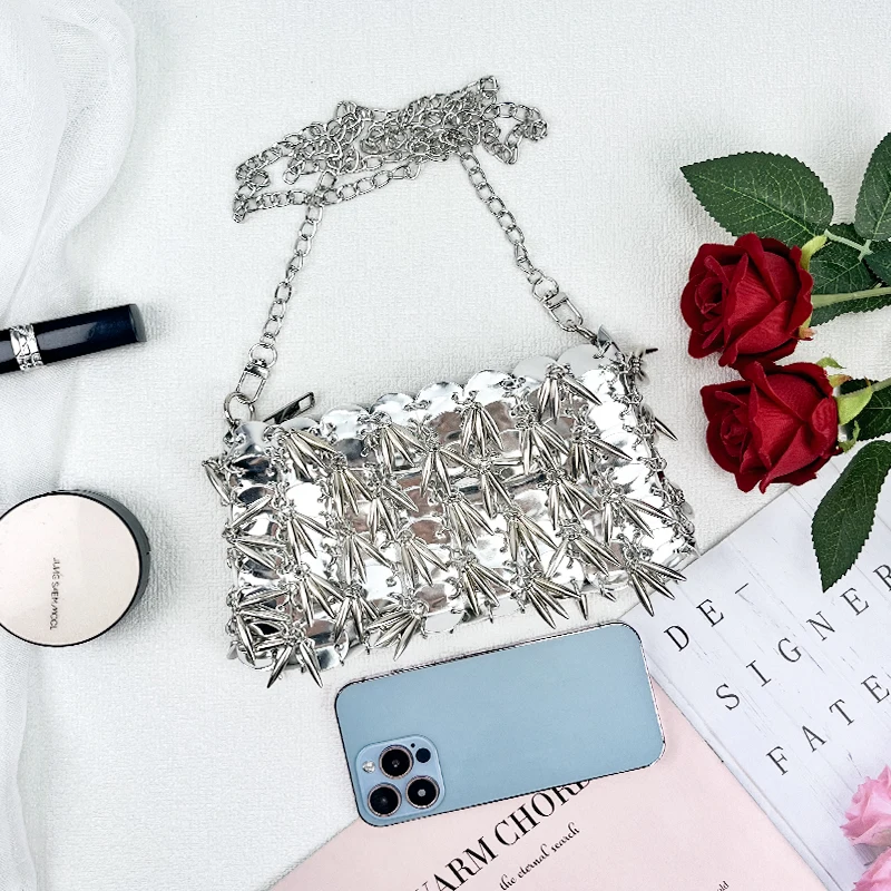 European and American Style Silver Tassel Crossbody Square Bag Fashion Individuality Rock Handmade Beaded Crossbody Party Bag