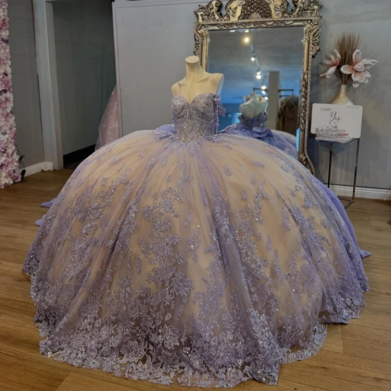 

Lavender Quinceanera Dresses Ball Gown Off The Shoulder Appliques Crystal Beading Tull Champagne Lining Sweet Vestidos De 15 Gir