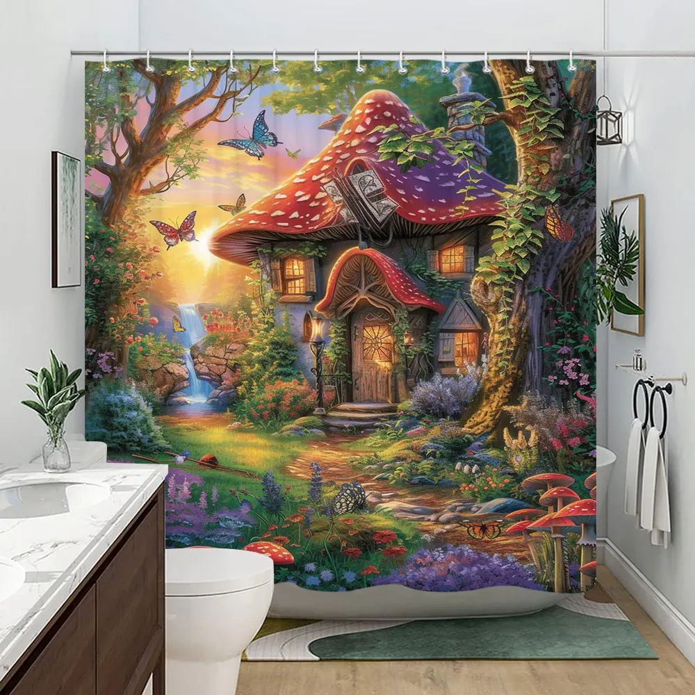 Forest Mushroom Shower Curtain Fairytale Fantasy Adventure Bohemian Polyester Fabric Home Bath Curtain Bathroom Decor With Hooks