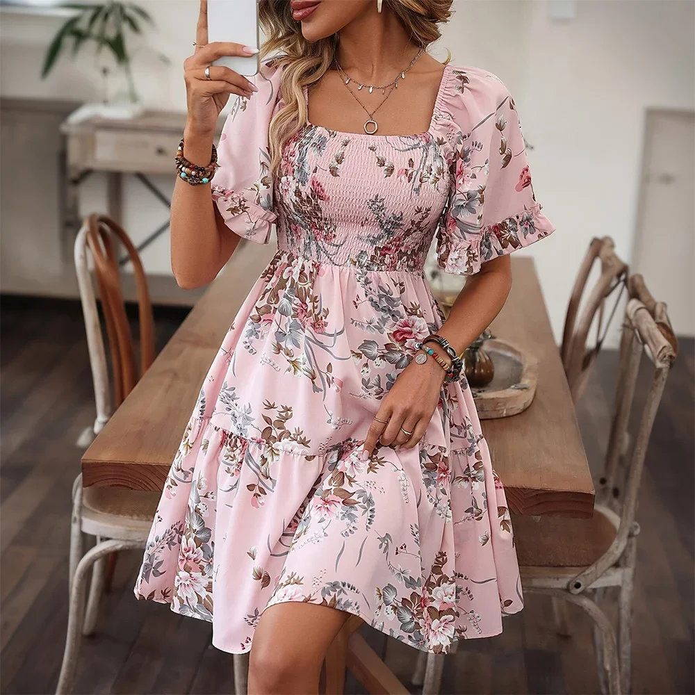Damen-Minikleid mit Boho-Blumenmuster, Rüschen, Flatterärmeln, lässig, quadratischer Ausschnitt, Urlaub, Strand, Urlaub, Sommerkleid, S-2XL