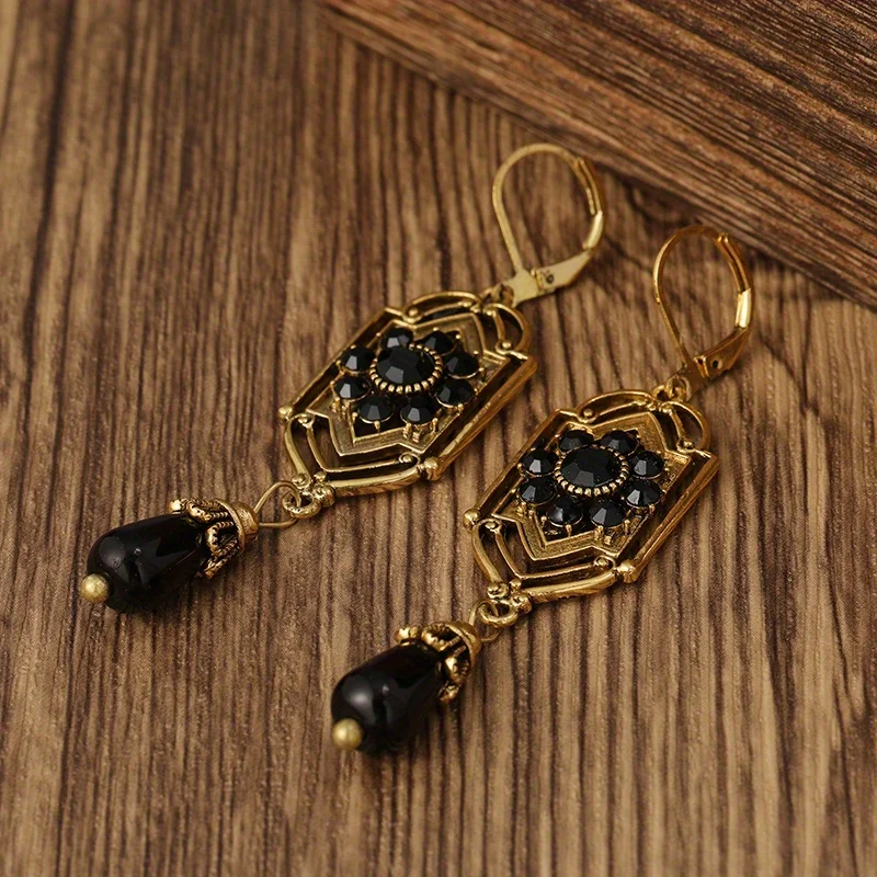 Pendientes largos de gota de agua de Color dorado antiguo para mujer, Pendientes colgantes de gota de piedra negra Vintage, joyería