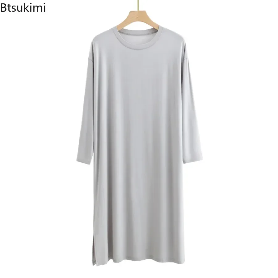 New 2026 Men's O-Neck Long Sleeve Robes Homewear Mid-long Knee Length Soft Comfortable Modal Nightwear Men Solid Thin Bathrobe