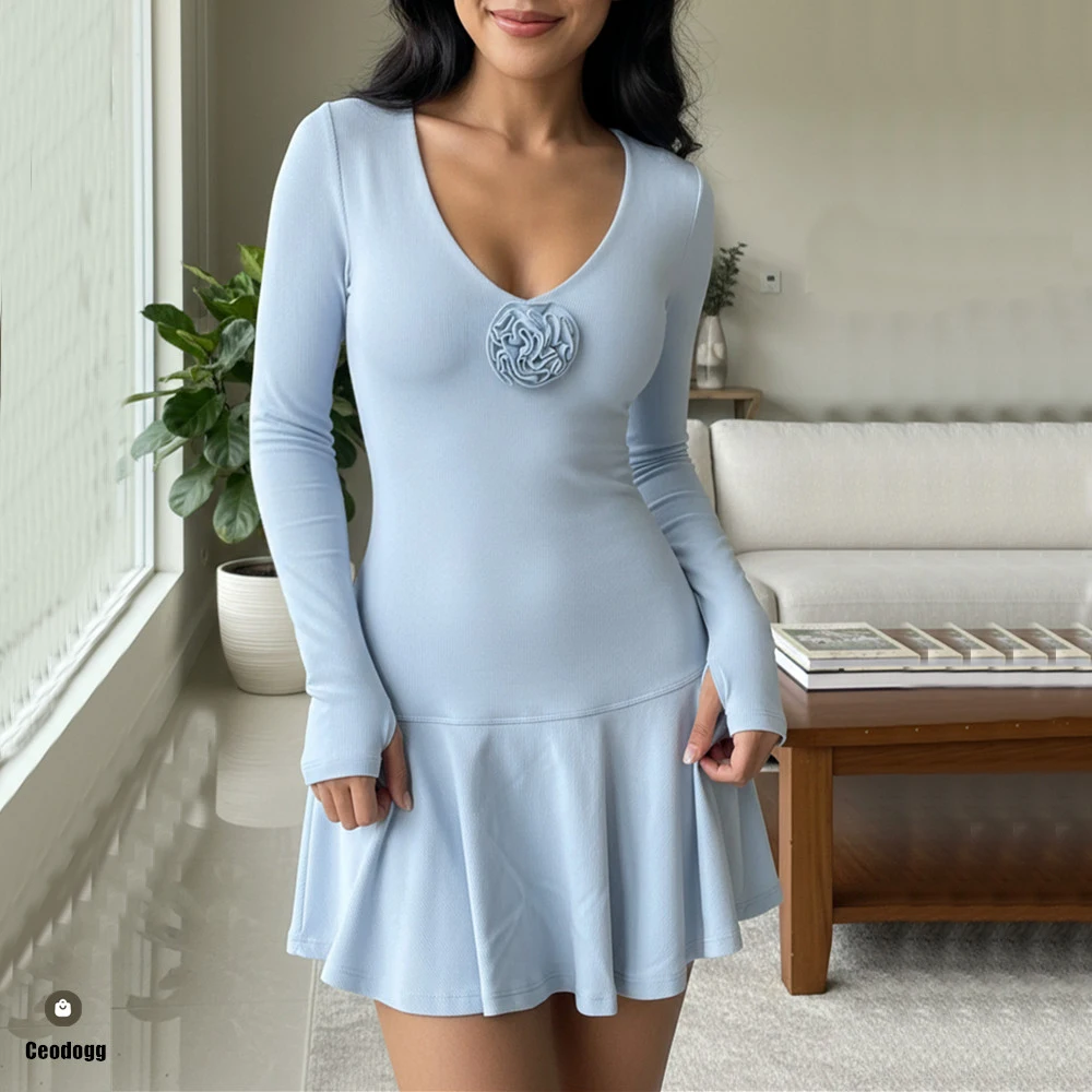 Pad Flower VNeck Yoga Set No Shorts Dress Long Sleeve Tennis Dress Tennis Skirt Women Sportswear XP402