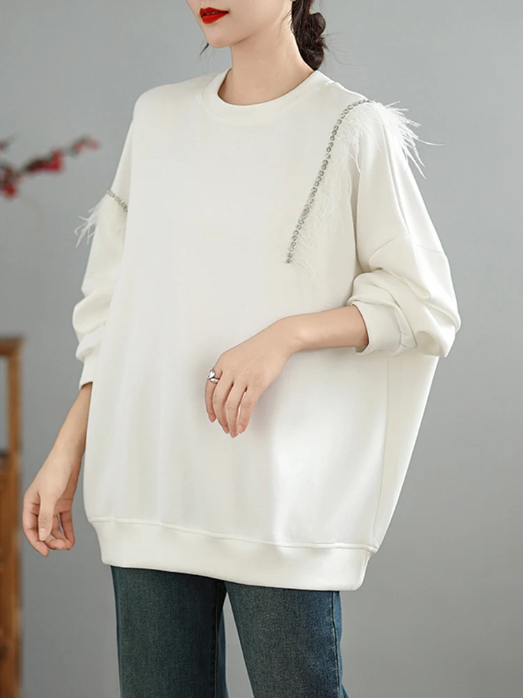 Feather Beaded Black Sweatshirts Women Korean Fahshion Loose Casual Y2K White Pullovers Female Autumn Winter Long Sleeve Hoodies