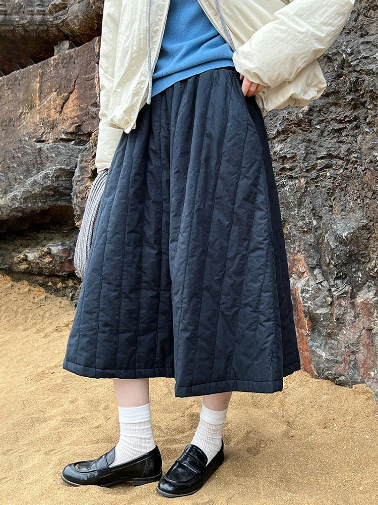 [LANMREM] Thick Warm Cotton Skirts For Women Elastic High Waist A-line Mid-length Minimalism Skirt 2024 Winter New 26C1293