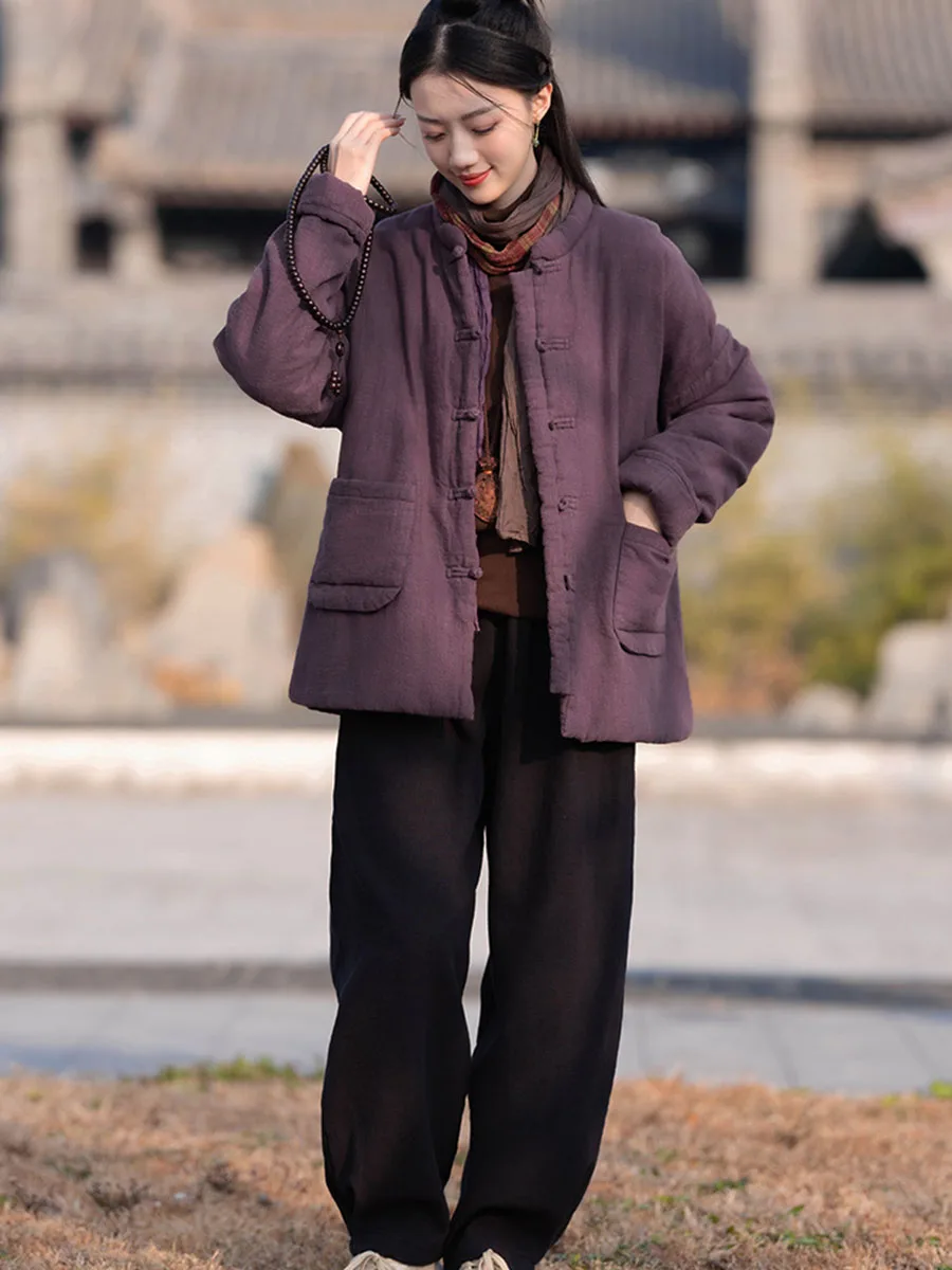 Jaqueta curta acolchoada solta de algodão e linho feminina, botão retrô, vestido casual zen, casaco de inverno chinês, novo, 2024