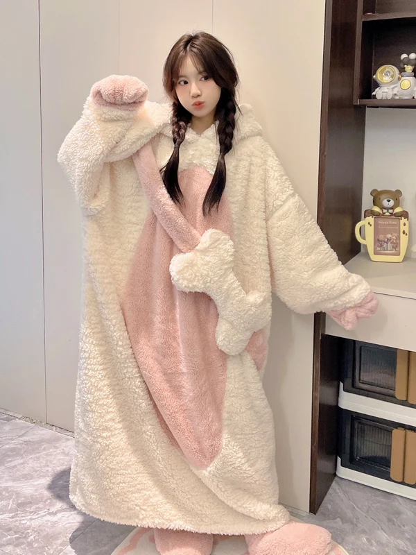 

DAIMELU fox nightgown women's sleepwear set winter coral fleece warm pajamas trend funny abstract loose pink can be worn outside