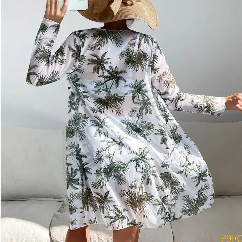 بدلة طباعة أزياء P9FC مجموعة للنساء ملابس السباحة مع التستر على الشاطئ Kimono High Weist Boyshorts زي السباحة المبطنة