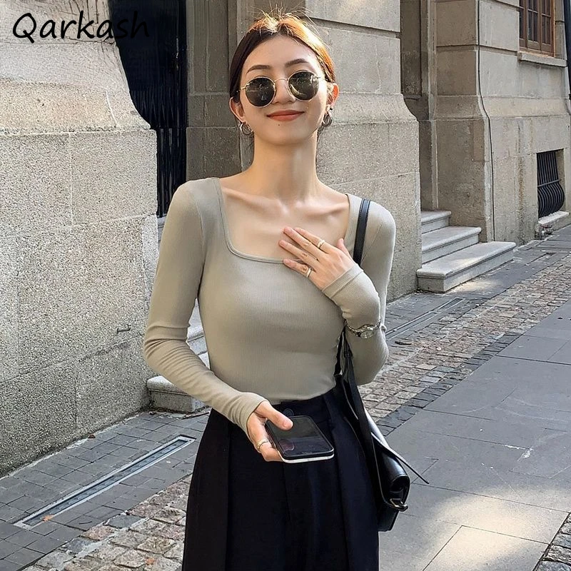 

Square Collar Sweatshirts Women Solid Autumn Winter Basic Long Sleeve Tops Elegant Office Ladies Ulzzang Fashion Slim Clothes