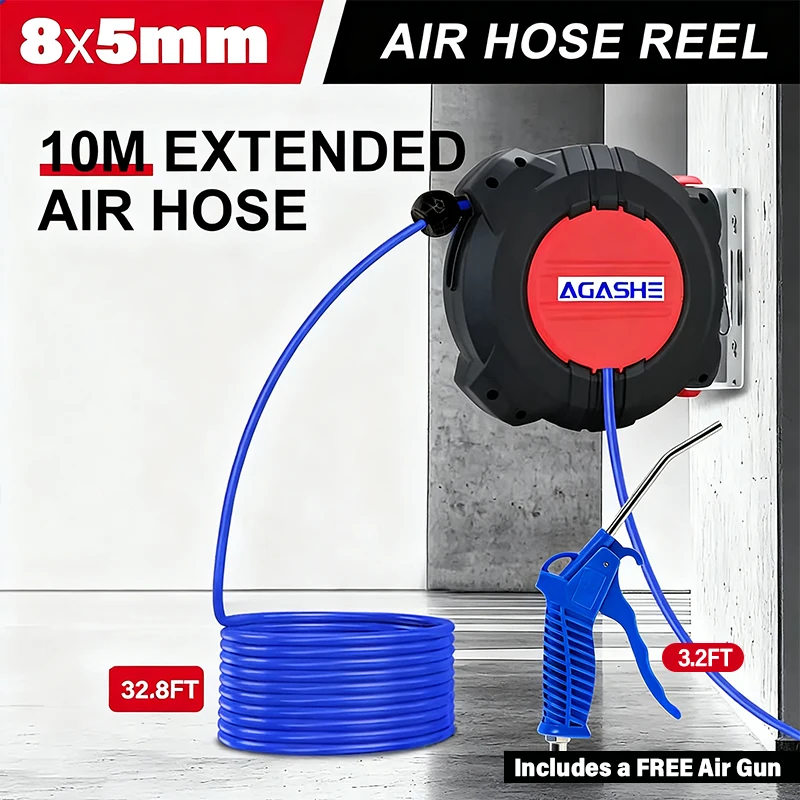 Auto-Retractable Air Hose Reel - Auto-Rewind & 180° Rotation, 8*5mm, 32.8 Feet Polyurethane Braided Hose (Included)