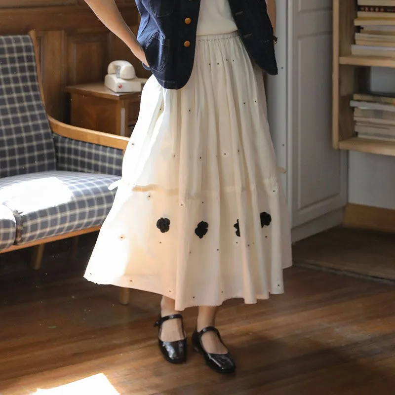 Johnature Spring Summer New Embroidered Floral Half Skirt For Women Casual Elastic Waist Versatile Forest Girl Half Skirts