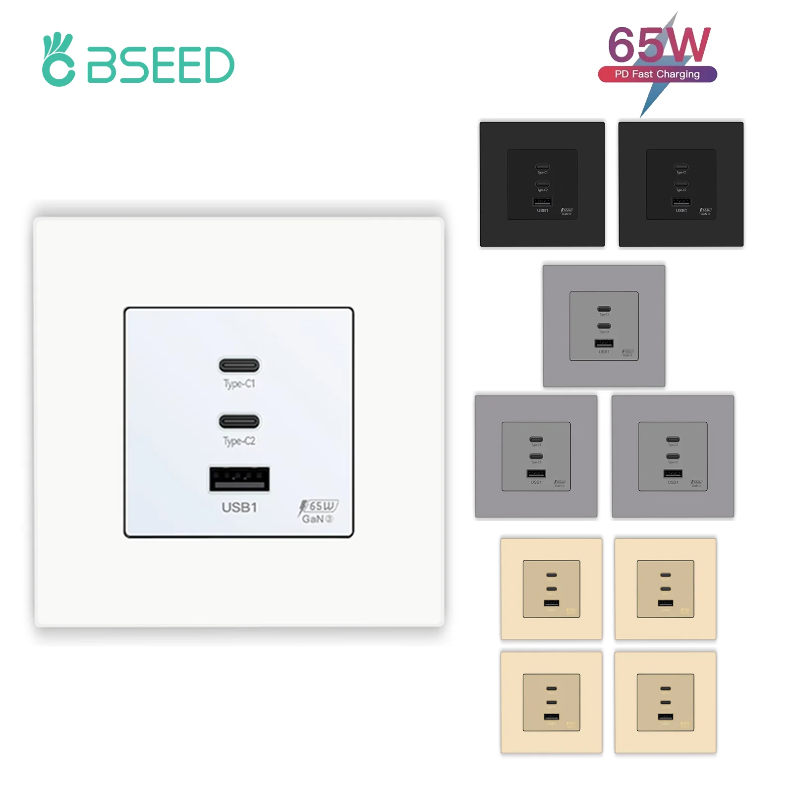 BSEED EU Wall Power Socket With Dual Type-c USB 65W Fast Ports For Phone Laptop Charging Matte Plastic Frame 1/2/3/4Pack