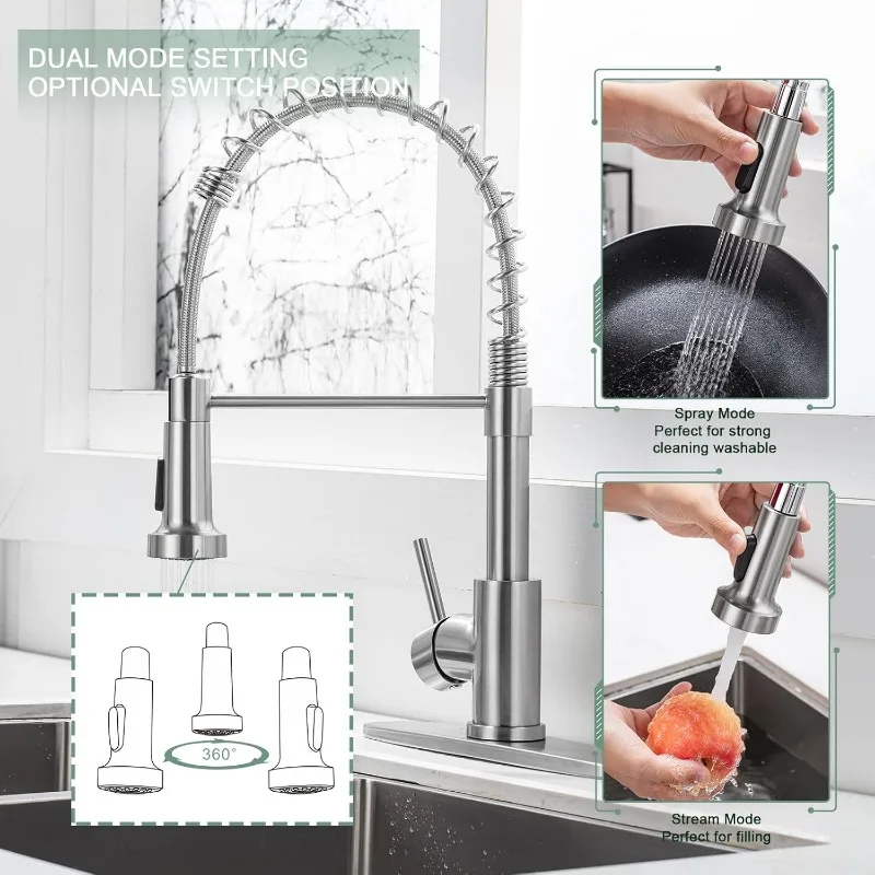 Kitchen Faucets, Brushed Nickel Kitchen Faucet with Pull Down Sprayer, Industrial Spring Single Handle