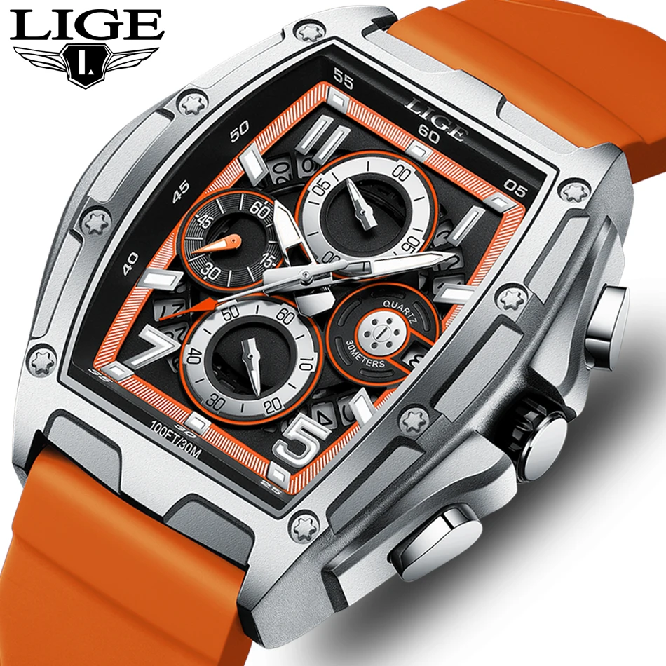 LIGE Top Brand Luxury Mens Watches Fashion Business Sports Quartz Chronograph Wristwatch Casual Waterproof Square Watch For Men