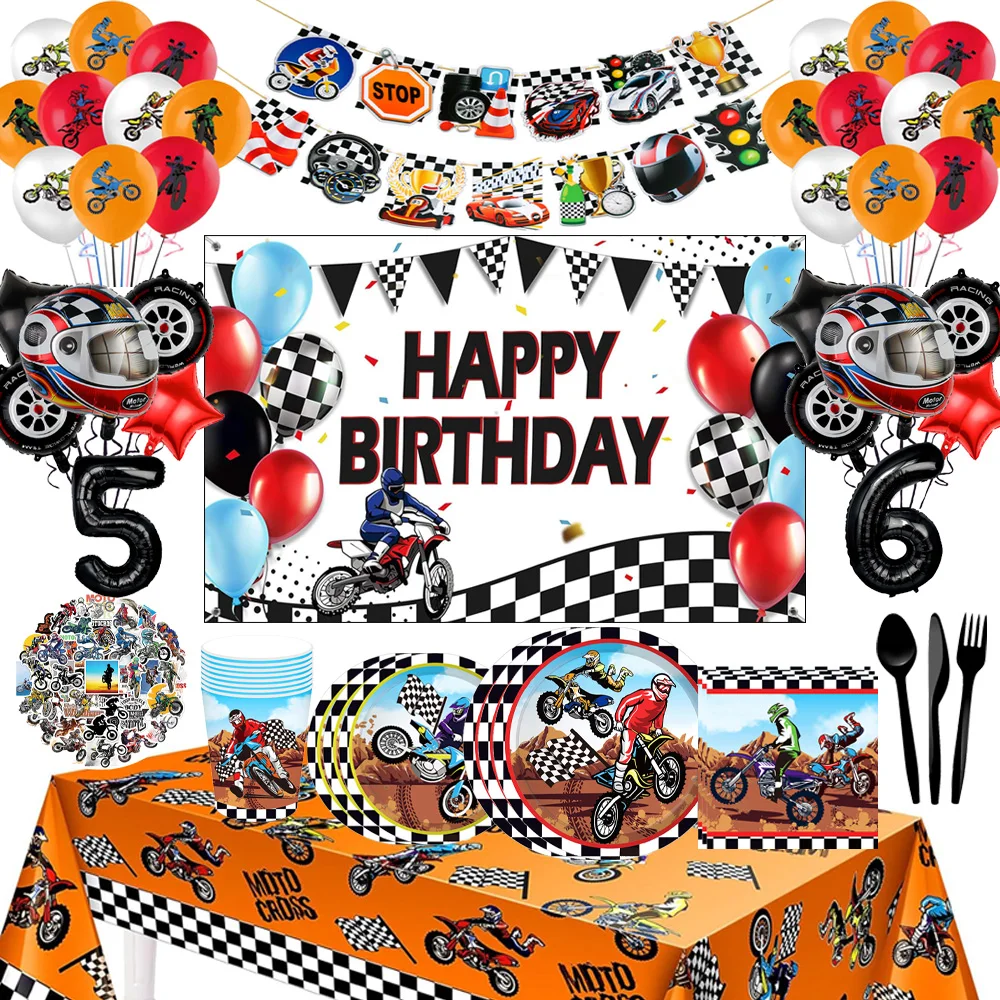 Dirt Bike Motorcycle Birthday Party Decorações, talheres, copos, placas, toalha de mesa, capacete, balões, motocross, Kids Party Supplies