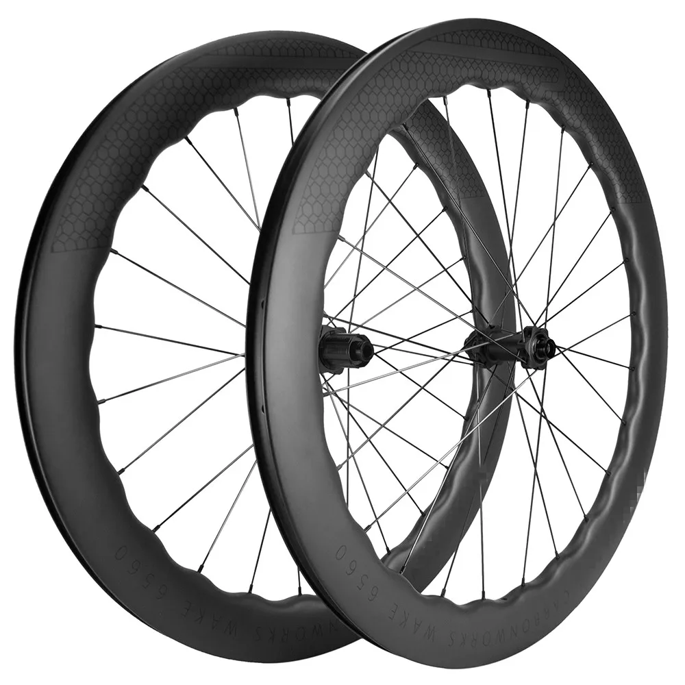 700C 65mm Wave Road Bike UD Full Carbon Fibre Bicycle Thru Axle Center Lock Disc Brake Wheelset Clincher Tubeless Rims 25mm