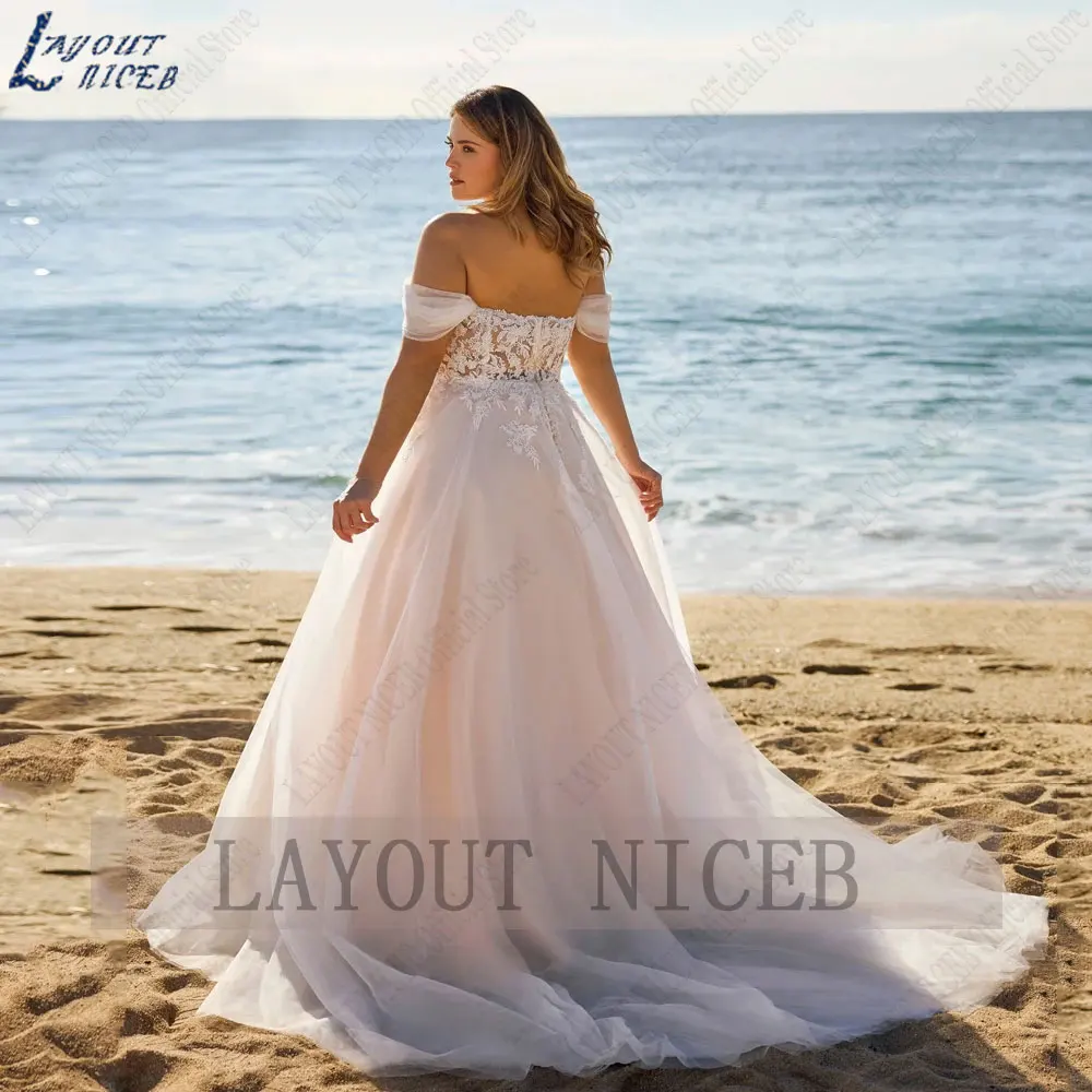 NICEB-vestido de novia de talla grande con apliques, traje de novia de corte en A, hombros descubiertos, Espalda descubierta, tulNICEB-vestido de novia de talla grande con apliques, traje de novia de corte en A, hombro