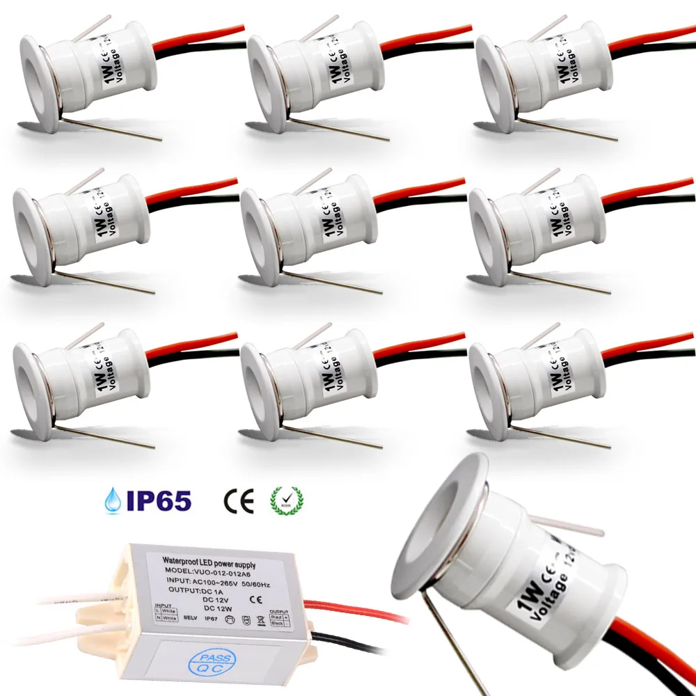 10pcs 1W DC12V IP65 Mini LED Spot Light Ceiling Spotlight Cabinet Lighting Black White Silver Shell Downlight with Transformer