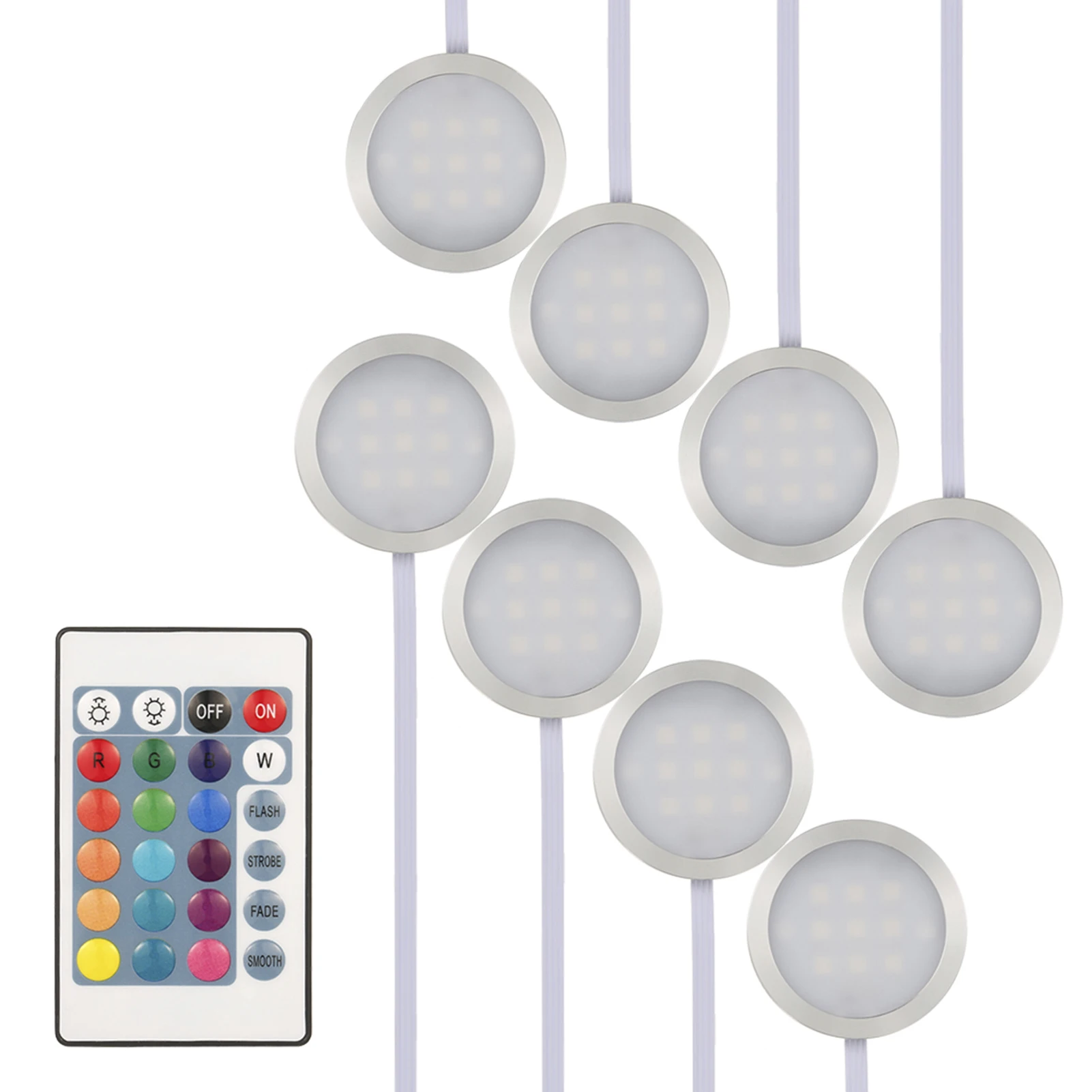 

Round RGB LEDs Under Cabinet Light Kit SMD5050 Puck Lamp Color-changing Dimmable with Remote Control for Bookcase Closet