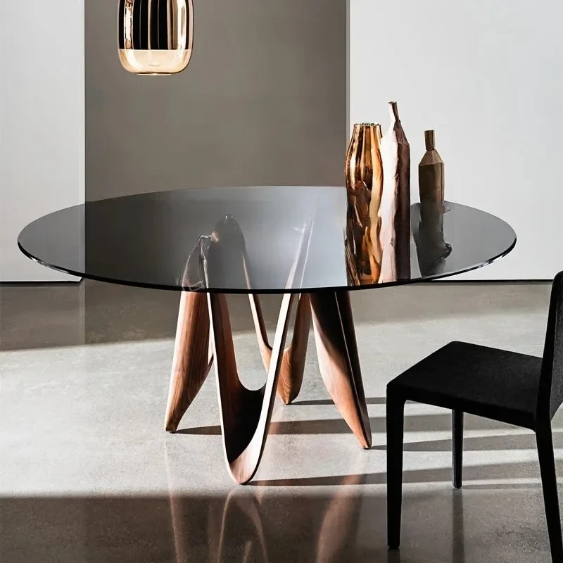 طاولة طعام زجاجية بسيطة من خشب الجوز الأسود، غرفة معيشة حديثة، طاولة طعام فنية مستديرة بسيطة #6