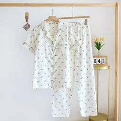 2024 japonês nova primavera e verão calças de manga curta pijamas conjunto de 2 peças 100% algodão gaze flor dos desenhos animados conjunto de serviço de casa