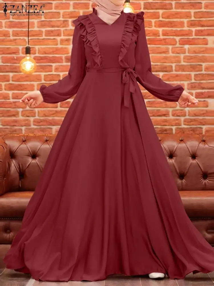 ZANZEA Elegant Robe Isamic Clothing Autumn Stylish Satin Muslim Dress Women Full Sleeve Vestidos Turkey Abaya Ruffles Sundress