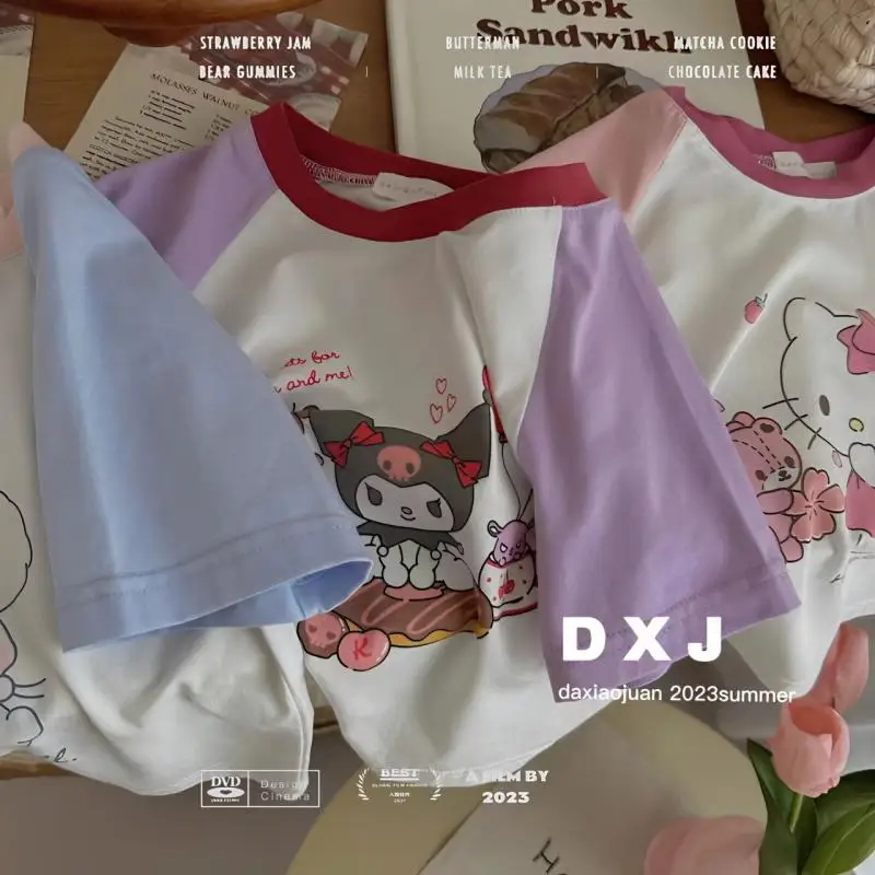 Футболка для девочек Sanrios Hello Kittys, хлопковая милая детская футболка Kuromi Cinnamoroll с коротким рукавом и мультяшным принтом, милые летние корейские Топы