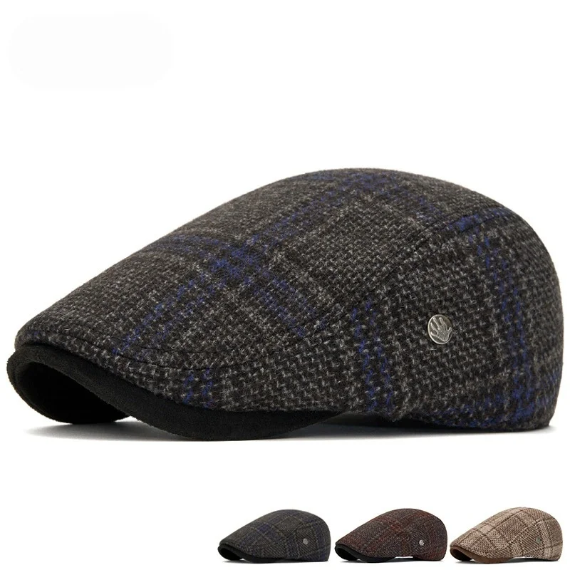 Autumn and Winter Plaid Beret Retro Wool Forward Cap Middle-aged and Elderly Casual Newsboy Cap Outdoor Warm Cap