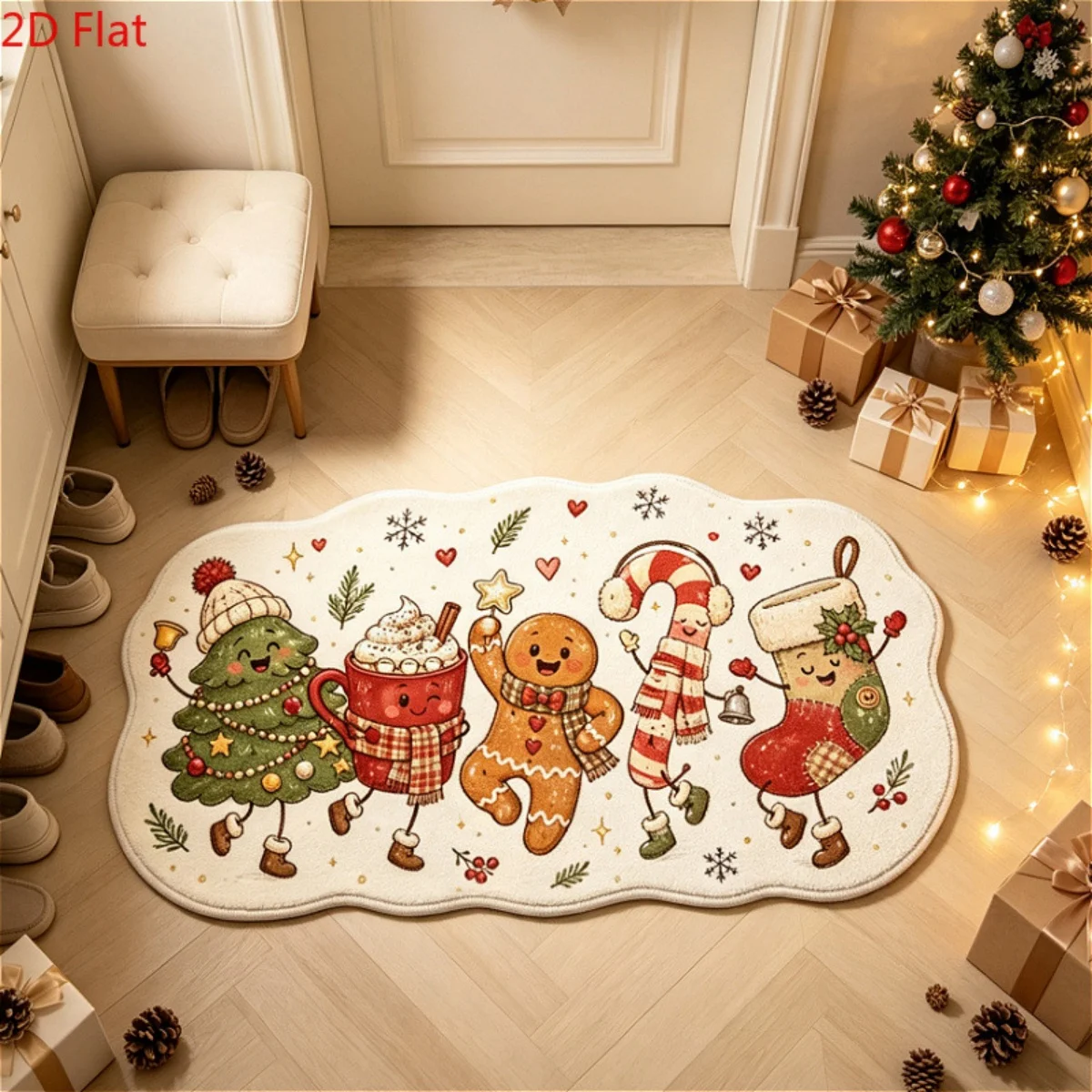 B16 Cartoon Gingerbread Man Skiing Decorative Rug Winter Christmas Home Decor Floor Mat Irregular Shape Entryway Carpet