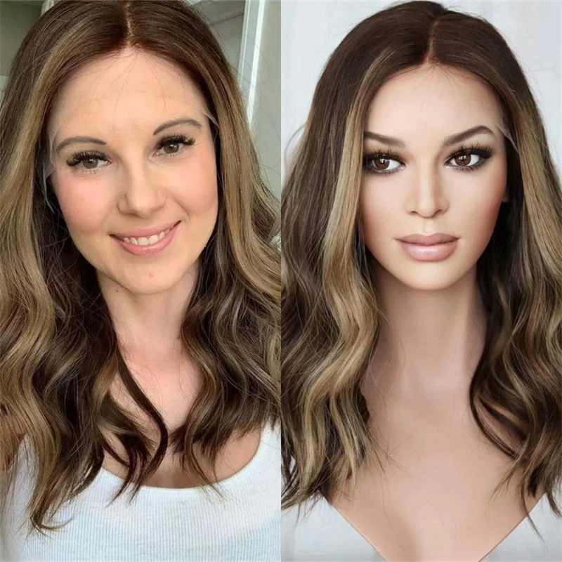 

Ombre Chestnut Brown with Blonde Streaks Synthetic HD Lace Front Wig 14 Inch Short Wave Bob for Women Shoulder Wavy Glueless