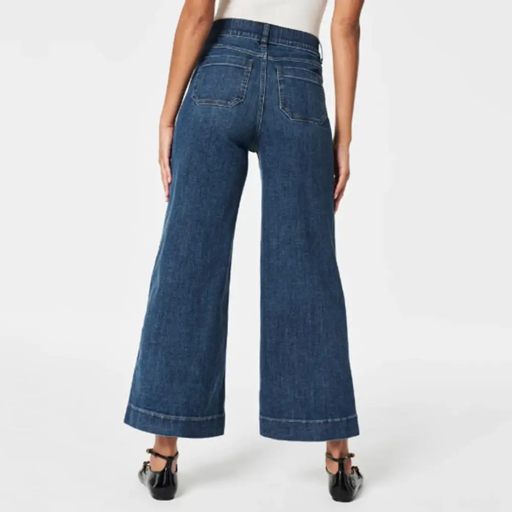 Calças jeans com zíper elegantes femininas, calças de cintura alta para senhora, perna reta, cintura elástica, perna larga para o trajeto