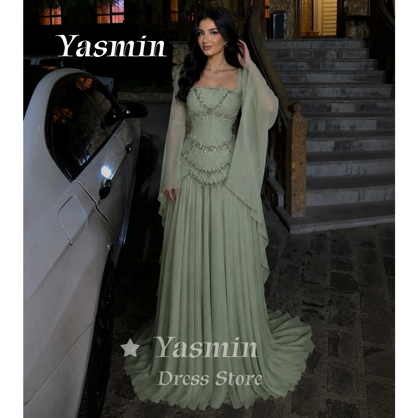 Robe de soirée plissée en mousseline vert menthe, col carré, manches longues transparentes, robe de bal, robe de soirée pour invitées de mariage, personnalisable