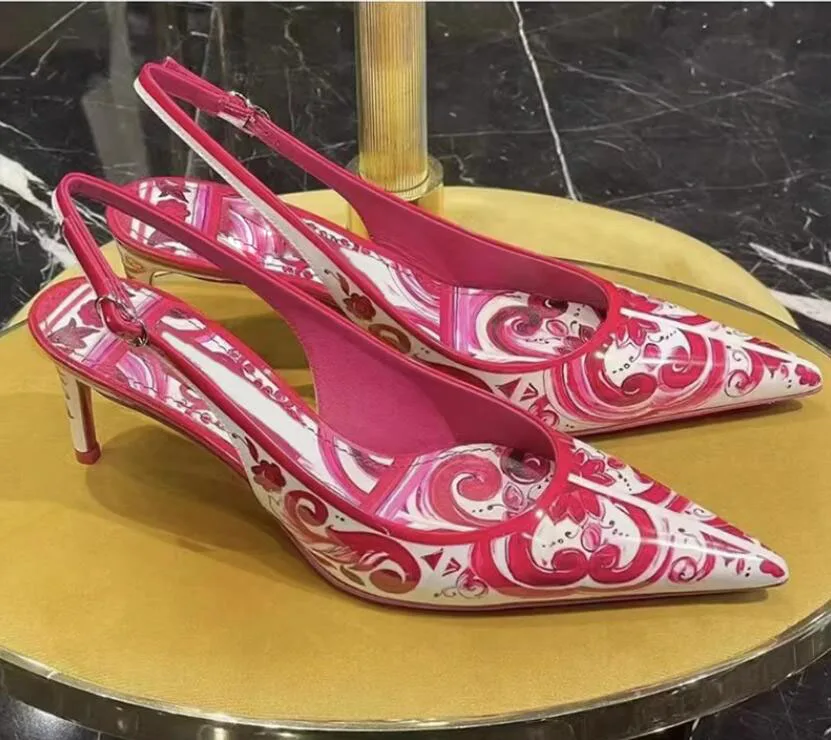 Sexy Red Porcelain Flower Printing Leather Slingbacks Pumps 6cm Kitten Heels Pointed Toe Buckle Woman Banquet Sandals Shoes