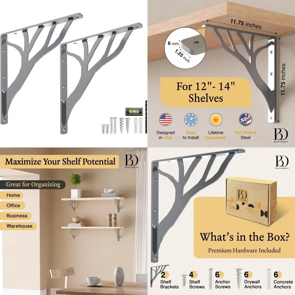 دعامات أرفف معدنية مستوحاة من شجرة ريفية مقاس 12 بوصة شديدة التحمل، دعامات رف عائمة من الحديد المزخرف باللون الفضي