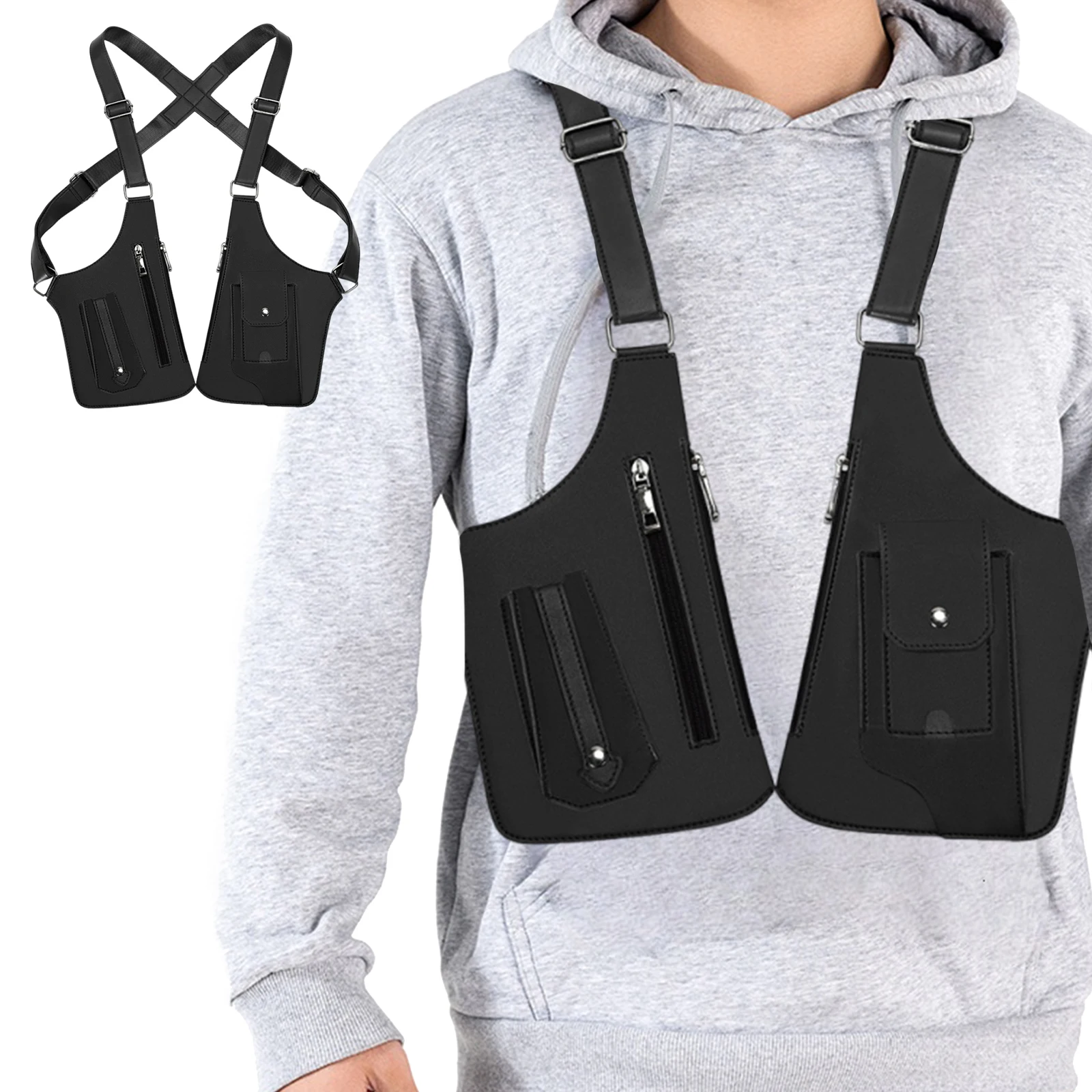 الرجال النساء بولي Leather الجلود النايلون التكتيكية سترة حقيبة صدر للرجال حزام قابل للتعديل التكتيكية على ظهره للمشي الصيد الصيد الجري ركوب الدراجات #1