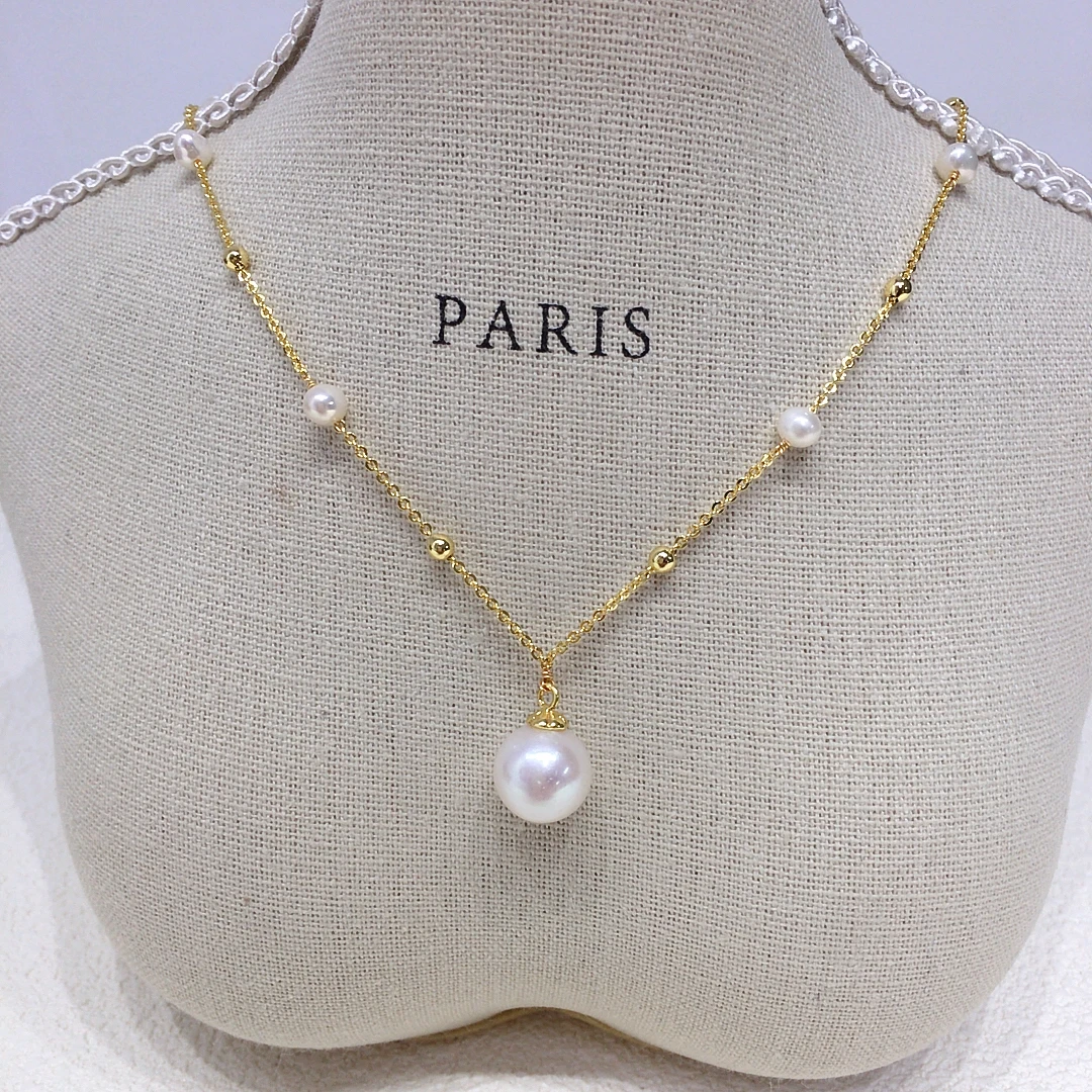 ZHBORUIN 2024 New Babysbreath Big Round Pearl Pendant 100% Real Natural Freshwater Pearl Necklace 14K Gold Plating Jewelry Woman