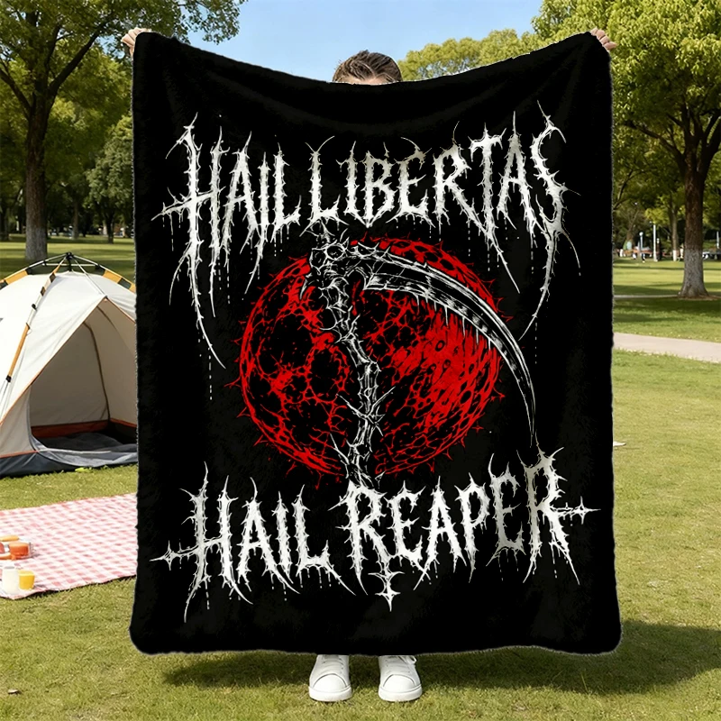 Hail Libertas Hail Reaper Black Metal Flannel Blanket, Gothic Logo Red Moon Reaper Flannel Throw