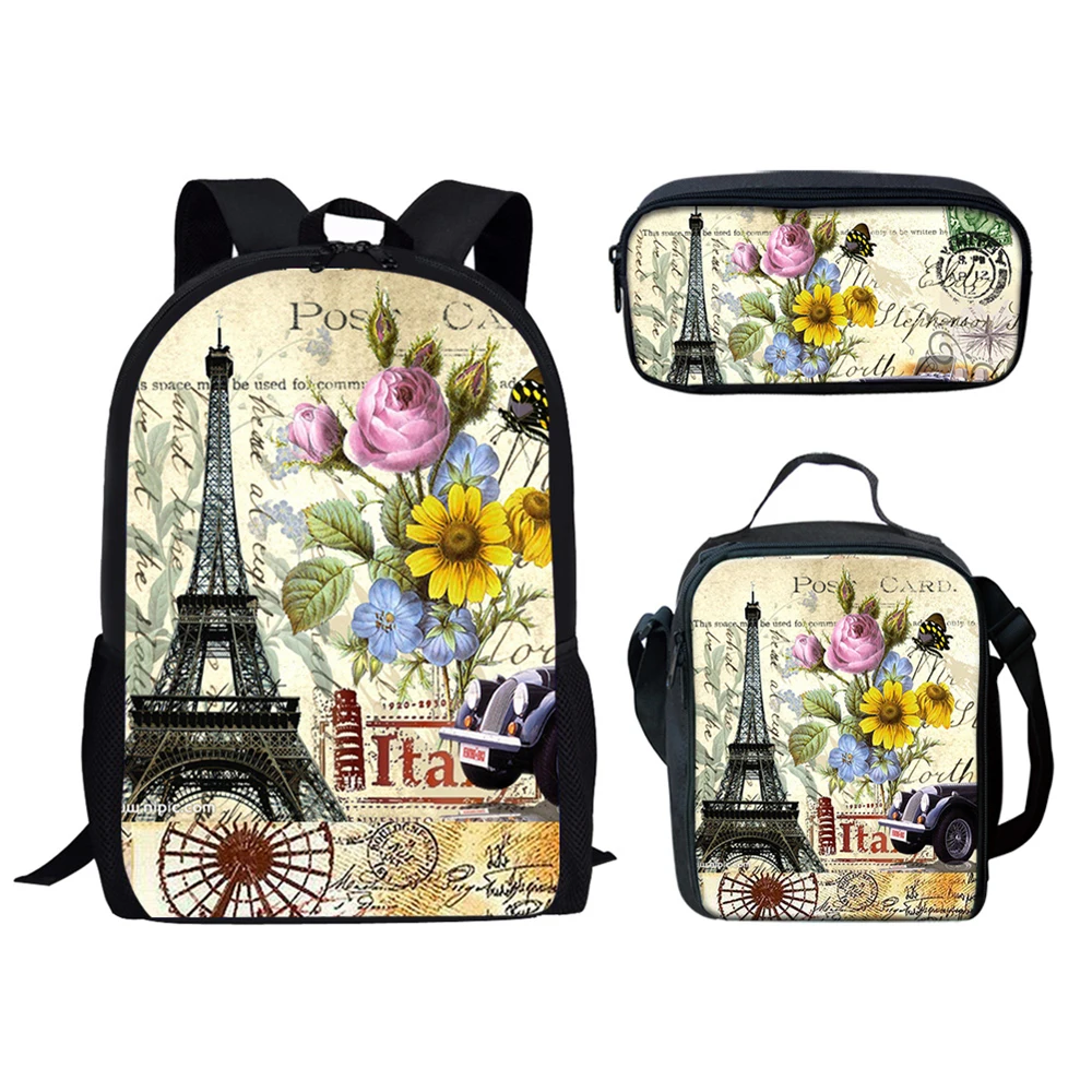 3Pcs/Set Retro Eiffel Tower Poster Pattern Backpack Student Casual School Bag Set Boys Girls Teenager Daily Campus Backpack