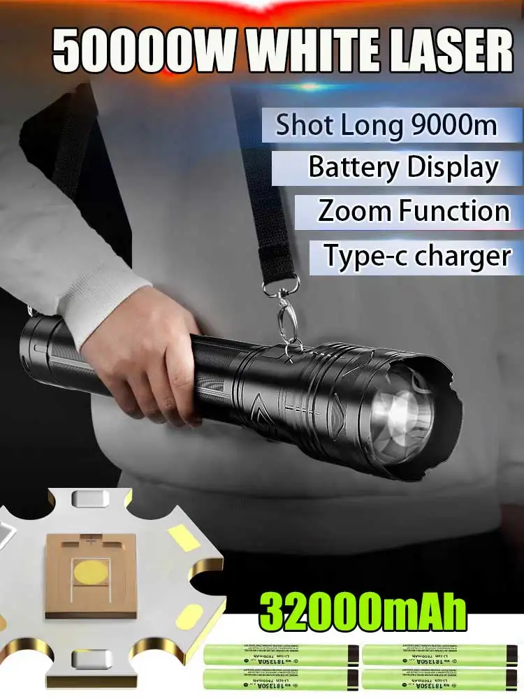 50000W White Laser LED Flashlight Super Bright Spotlight Long Range Zoomable Emergency Torch Outdoor with Power Display 32000MAH