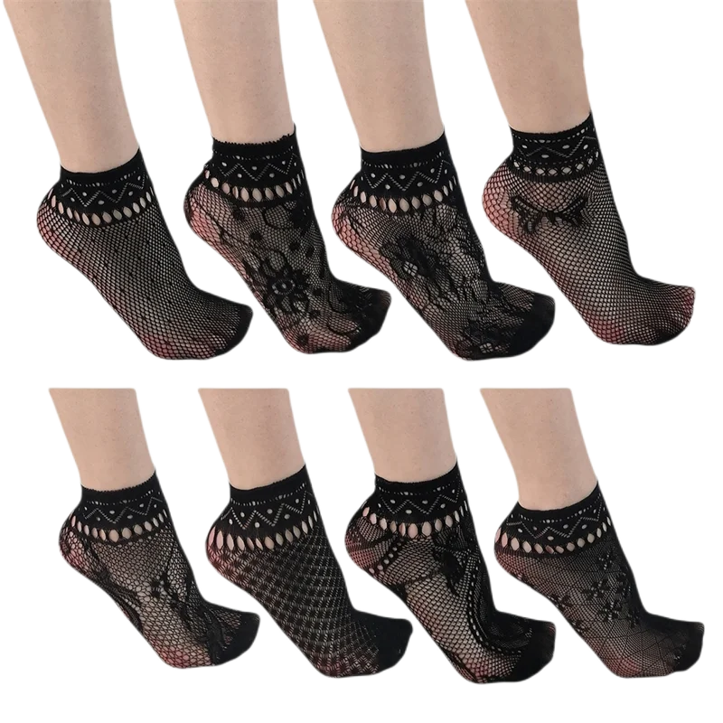 Women\'s Black Fishnet Ankle Socks Retro Floral Dress Hollow Out Nylon Elastic In Patterned Short Socks