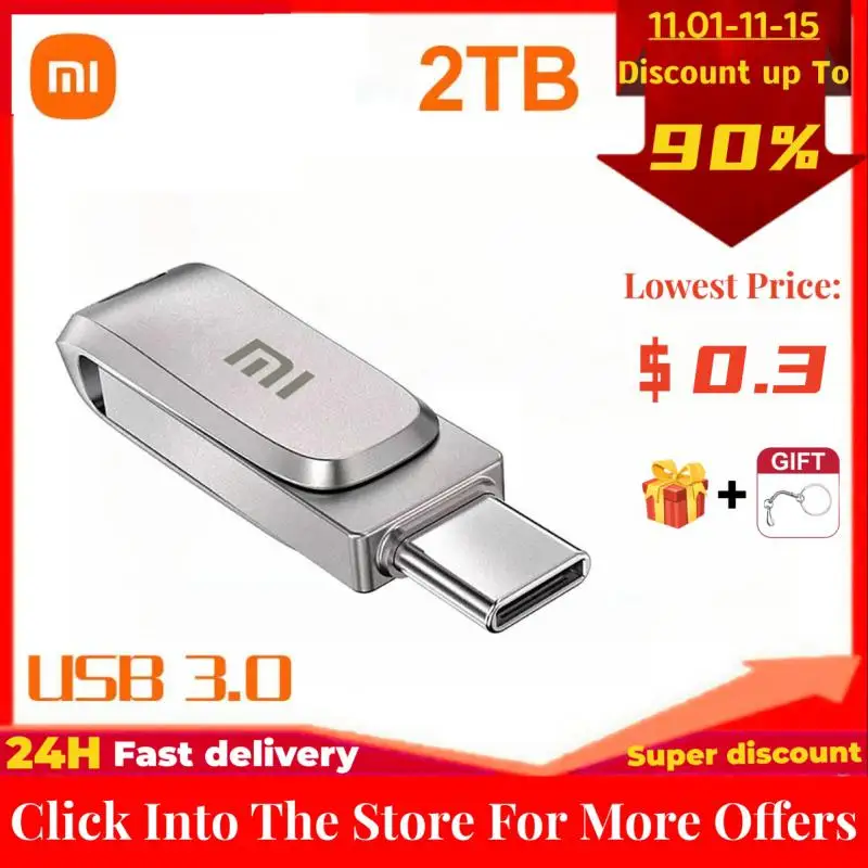 Xiaomi U Disk 2TB 3.0แฟลชไดรฟ์ความเร็วสูง pendrive โลหะ1TB 64GB USB Drive แบบพกพา SSD memoria TYPE-C อะแดปเตอร์