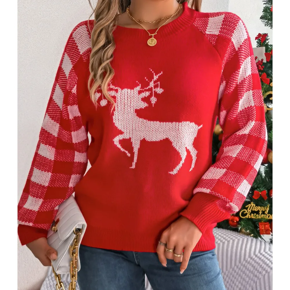 Loose Round Neck Pullover Knitted Sweater For Women  2024 Autumn Winter Casual Plaid Reindeer Long Sleeved Sweater Christmas Top