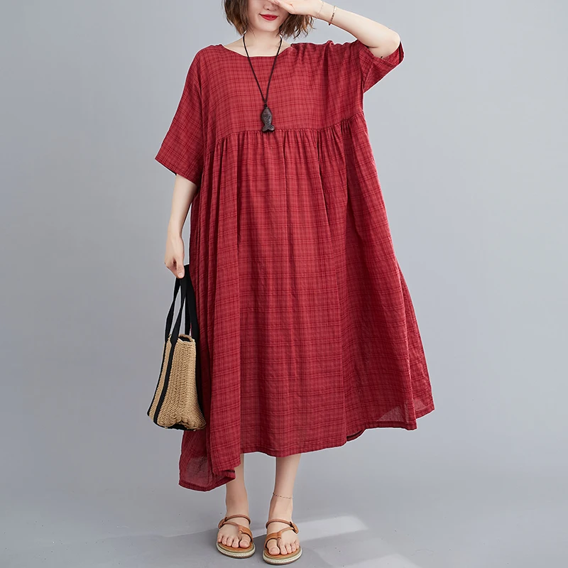 فستان نسائي كاجوال مقاس كبير صيفي بتصميم جديد بلون واحد يخفي البطن وينحف الجسم فضفاض متوسط الطول بأكمام قصيرة