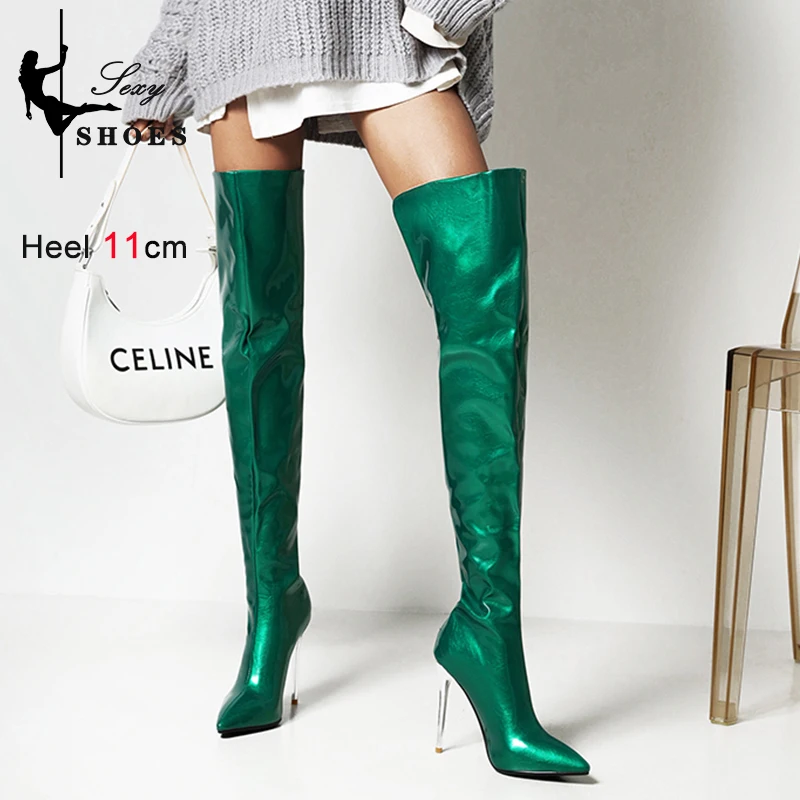 Patent Leather Over the Knee High Boots Women Sexy Party Dance Autumn Winter Shoes Ladies LEOPARD Blue Gold Heels Long Boots