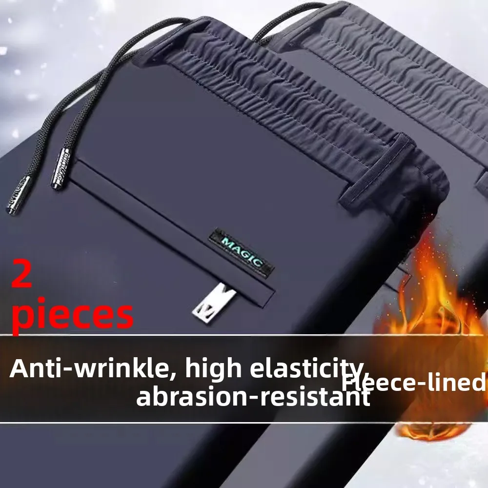 

Men's Autumn Winter Thick Straight Leg Casual Pants Elastic Waist Fleece Lined Business Long Trousers Fashionable Youth Style